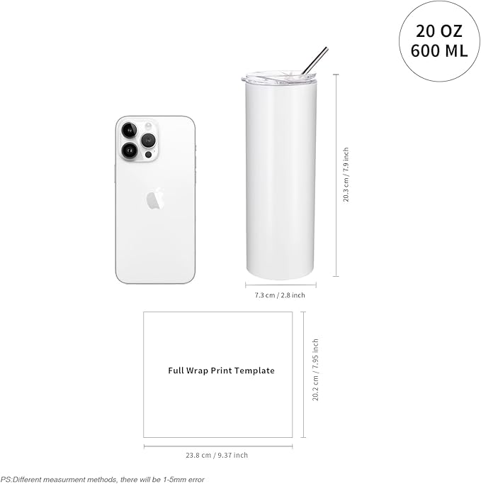 PYD Life 10 Pack Sublimation Tumblers Bulk Blank 20 OZ Skinny White Stainless Steel Tumbler Cups with Straw and Lid for Mug Tumbler Heat Press Sublimation Oven Printing