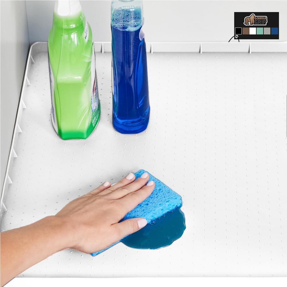 GORILLA GRIP Waterproof Silicone Under Sink Mat with Raised Lip for Kitchen and Bathroom, 46 x 22 in, Cabinet Shelf Liner Stay in Place Mats Dishwasher Safe Drawer Liner, Organizer Tray, White