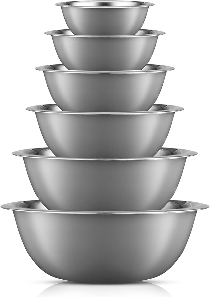 JoyJolt Stainless Steel Mixing Bowl Set of 6 Bowls (Grey). 5qt Large to 0.5qt Small Metal Bowl. Kitchen, Cooking and Storage Nesting Bowls. Dough, Batter Baking Gray