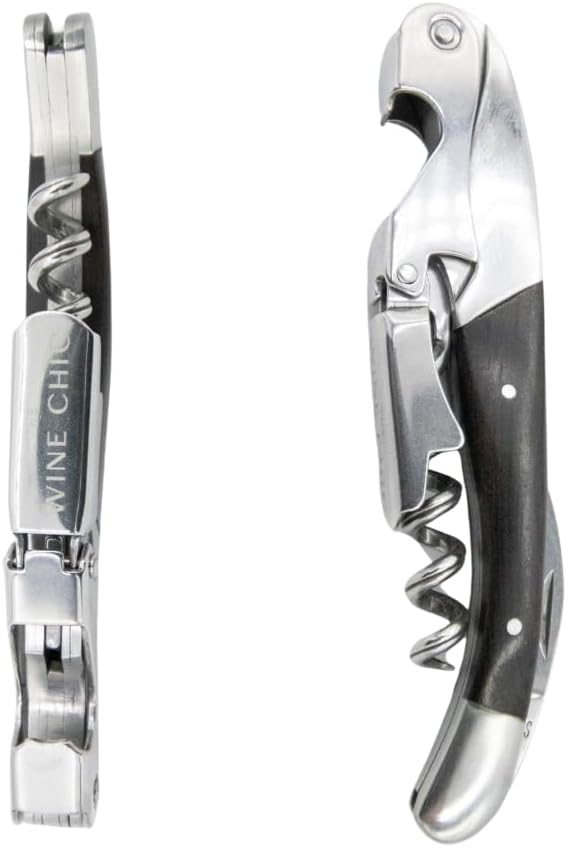 The Wine Chic Premium Professional Corkscrew Wine Opener with Elegant Wood Handle, Manual Wine Key with Foil Knife and Cap Bottle Opener for Bartenders, Waiters and Sommeliers (Black)