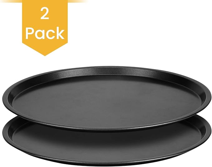 DecorRack 13 Inch Carbon Steel Pizza Pan, [Premium] Non-Stick Coating, Commercial Grade, Serving Tray, Heavy Duty Round Baking Tray for Oven Use (2 Pack)