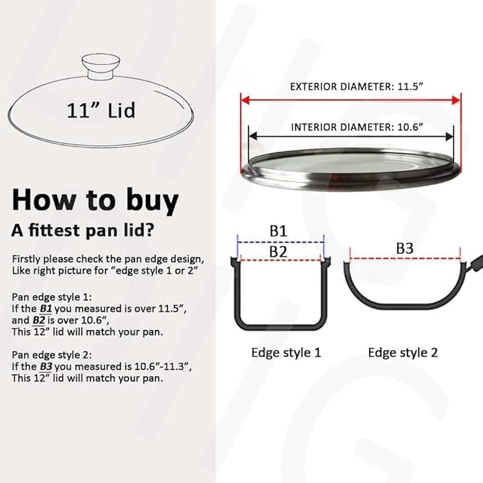 11 In Glass Lid for Frying Pan, Tempered Replacement Cover Compatible with All 11" Cookware for Skillets, Round Cast Iron, Cast Aluminium, Stainless Steel Pans &Pots, 10.8in/ 276mm - 11.2in/292mm