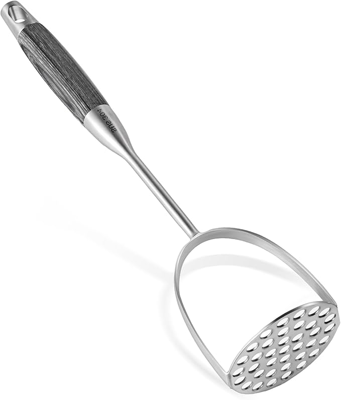 Potato Masher Stainless Steel, Heavy Duty Mashed Potatoe Masher,Professional Integrated Food Masher for Avocado, Potatoes, Beans, Meat, Vegetables (Black wooden handle Masher)