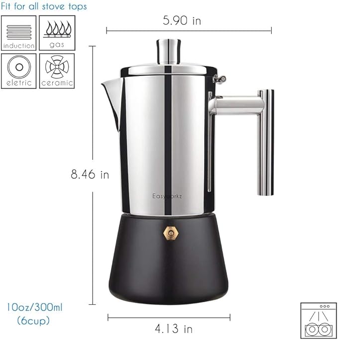Easyworkz Diego Stovetop Espresso Maker Stainless Steel Italian Coffee Machine Maker 6Cup 10 oz Moka Pot Induction Espresso Pot
