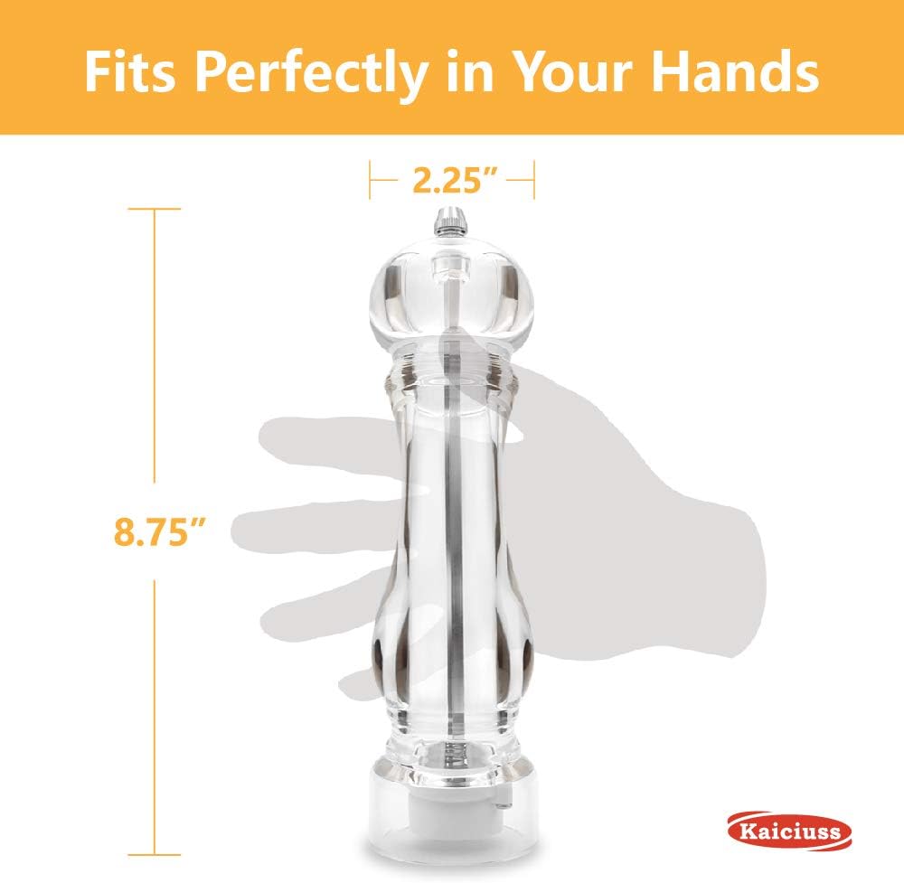 salt and pepper grinder mill set refillable large,the best transparent acrylic grinders for whole peppercorn and himalayan salt