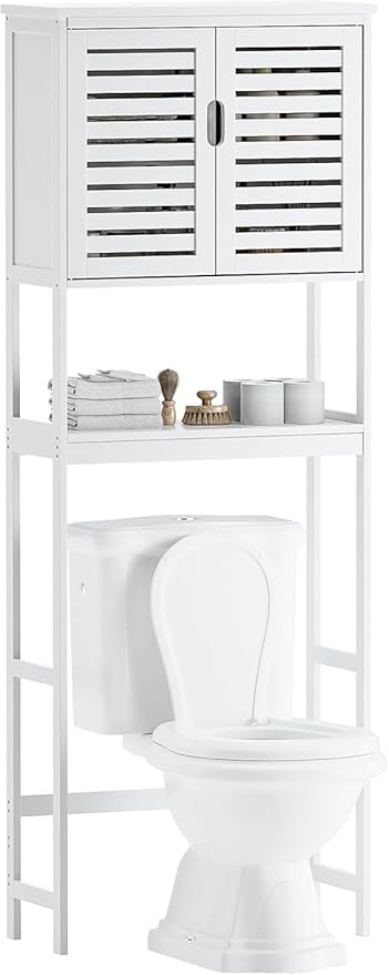 SMIBUY Bathroom Over The Toilet Storage Cabinet, 2 Door Bamboo Cabinet Organizer, Freestanding Space Saver Toilet Rack with Adjustable Inside Shelf and Open Shelf (White)