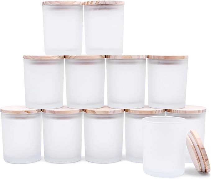 Thick Candle Jars for Making Candles 12 Pcs, 7 OZ Empty Jars with Wood Lids for Candle Making, Sample Container, Frosted White