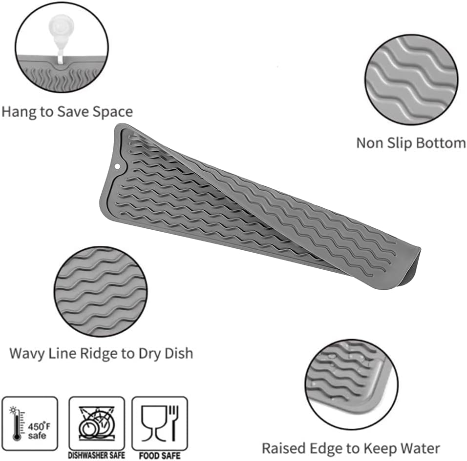 Silicone Dish Drying Mat for Multiple Usage,Easy clean,Eco-friendly,Heat-resistant Silicone Mat for Kitchen Counter,Sink,Bar,Bottle,or Cup Grey M 17 inches x 6 inches