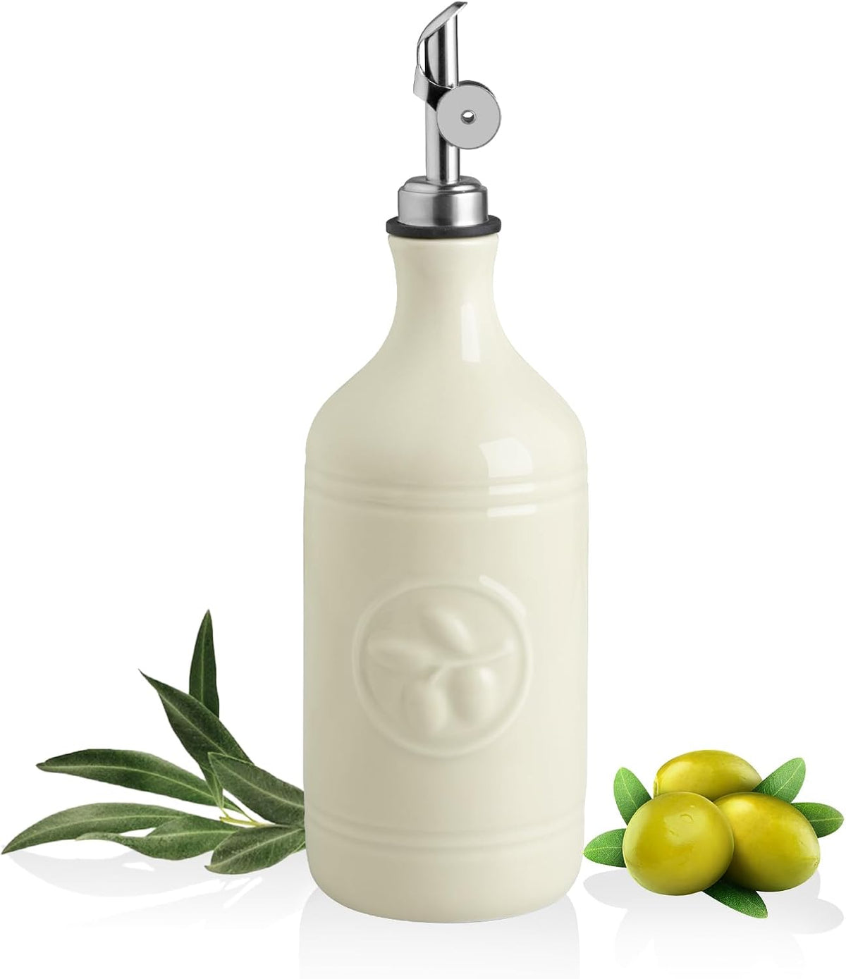 Sweejar 16 Oz Ceramic Olive Oil Dispenser Bottle, Oil Dispenser for Kitchen with Gravity Spout, Relief Opaque Oil Container for Evoo, Avocado Oil, Vinegar, Soy Sauce, 1 Pack(Beige, Silver Spout)
