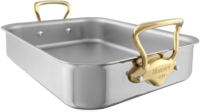 Mauviel M'Cook B 5-Ply Polished Stainless Steel Roasting Pan with Brass Handles, 13.7 x 9.8-in, Made in France