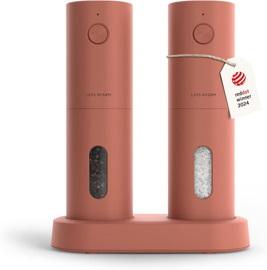 LARS NYSØM Electric Salt and Pepper Grinder Set, USB Rechargeable, Automatic Salt and Pepper Mills, Spice Shakers Refillable with LED Light, Adjustable Coarseness, Ceramic Grinder (Brick Red)