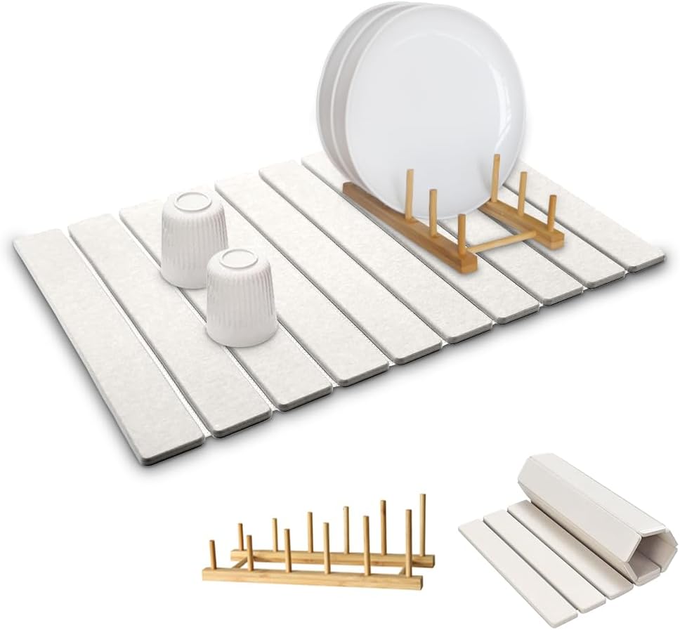 Stone Dish Drying Mats for Kitchen Counter,24×16 IN,Foldable Dish Drying Mat,Equipped Dish Rack，Strong Water Absorption，Diatomaceous Earth Material，Suitable for Plates,Cups and Any Kitchen Utensils