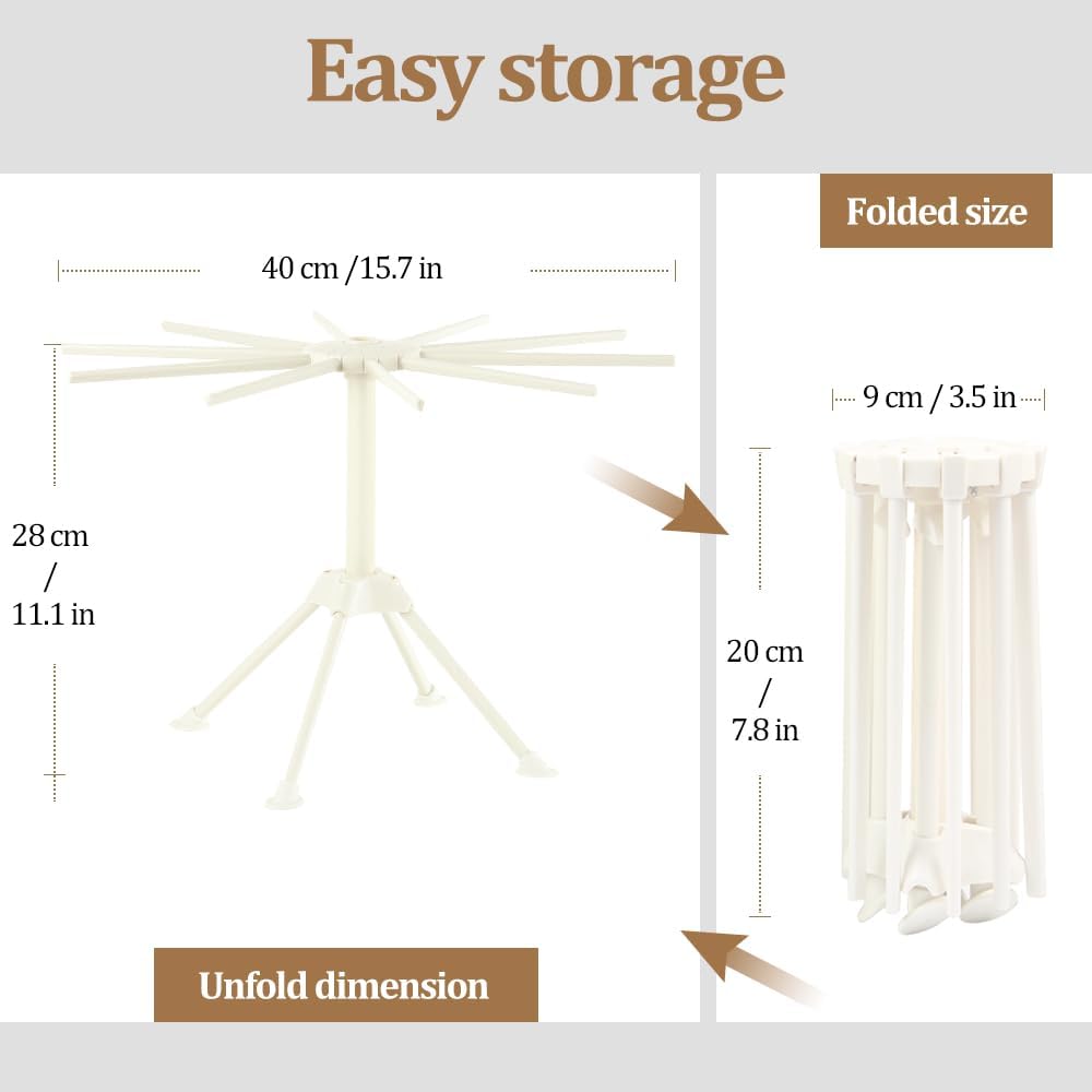 Ourokhome Collapsible Pasta Drying Rack, Plastic Foldable Homemade Fresh Spaghetti Stand Dryer Noodle Hanger for Kitchen with 10 Arms, Stable, Easy Storage, Quickly Set Up (White)