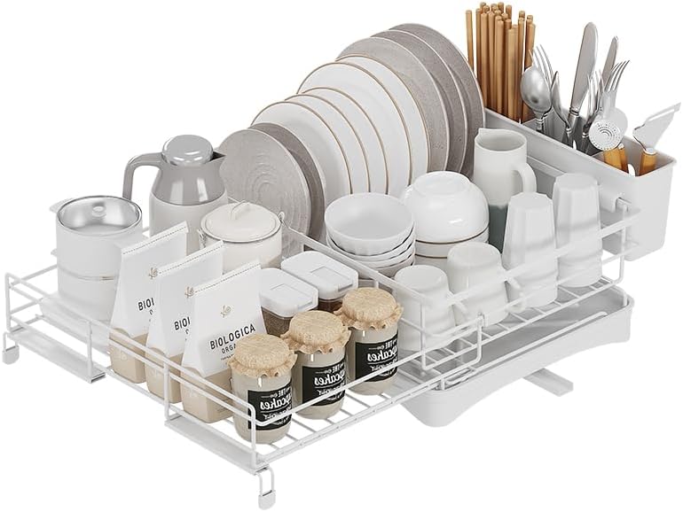 Large Dish Drying Rack - Expandable Dish drainers for Kitchen Counter,Over The Sink Dish Drainer Drying Rack,Rustproof Dish Drainer with Utensil Holder and Drainboard White