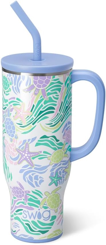 Swig Life 30oz Mega Mug, 30oz Tumbler with Handle and Straw, Large Insulated Tumblers, Cup Holder Friendly Travel Mug, Stainless Steel 30 oz Tumbler, Reusable Insulated Water Bottle (Sea Swirl)