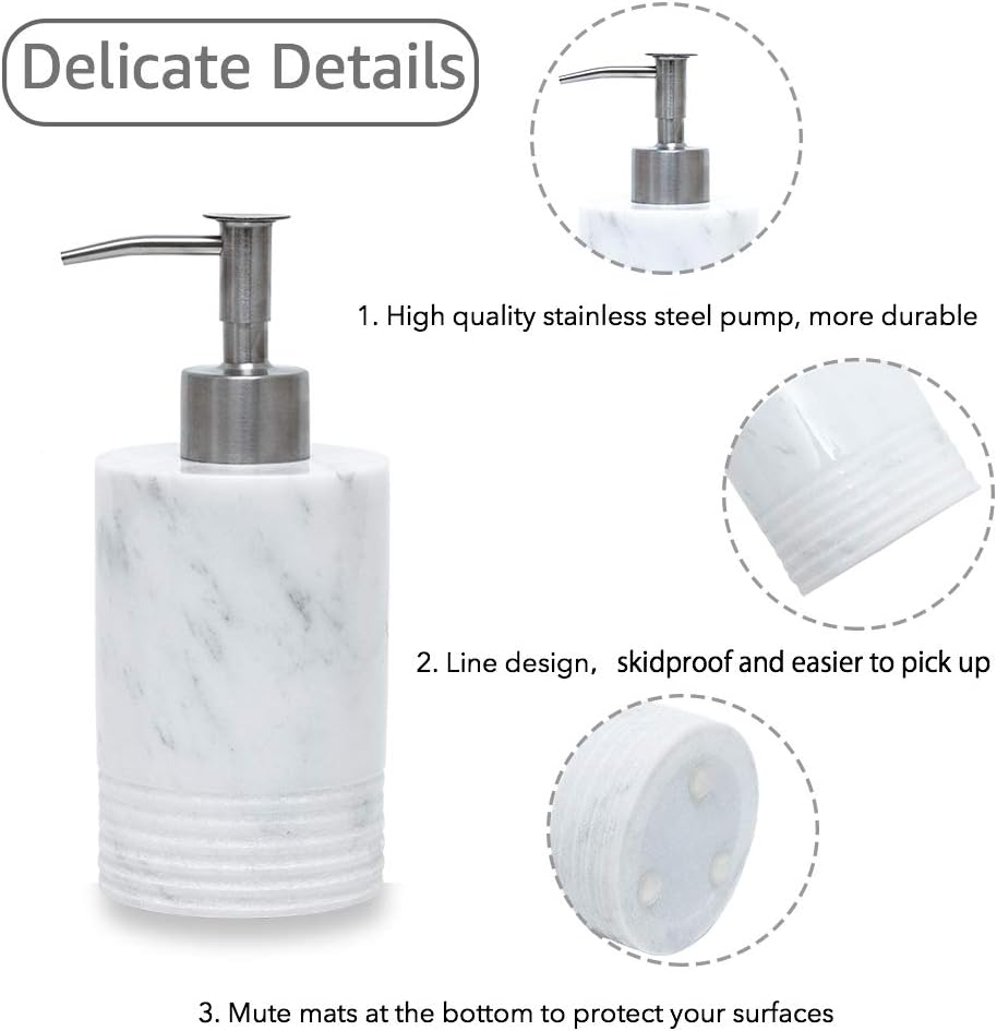 Marble Soap Dispenser with Stainless Steel Pump for Bathroom Kitchen Countertop - Lotion & Liquid Dispenser Soap Bottle White