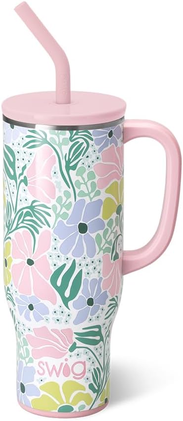 Swig Life 30oz Mega Mug, 30 oz Tumbler with Handle and Straw, Cup Holder Friendly, Dishwasher Safe, Extra Large Insulated Tumbler, Stainless Steel Water Bottle (Garden Party)