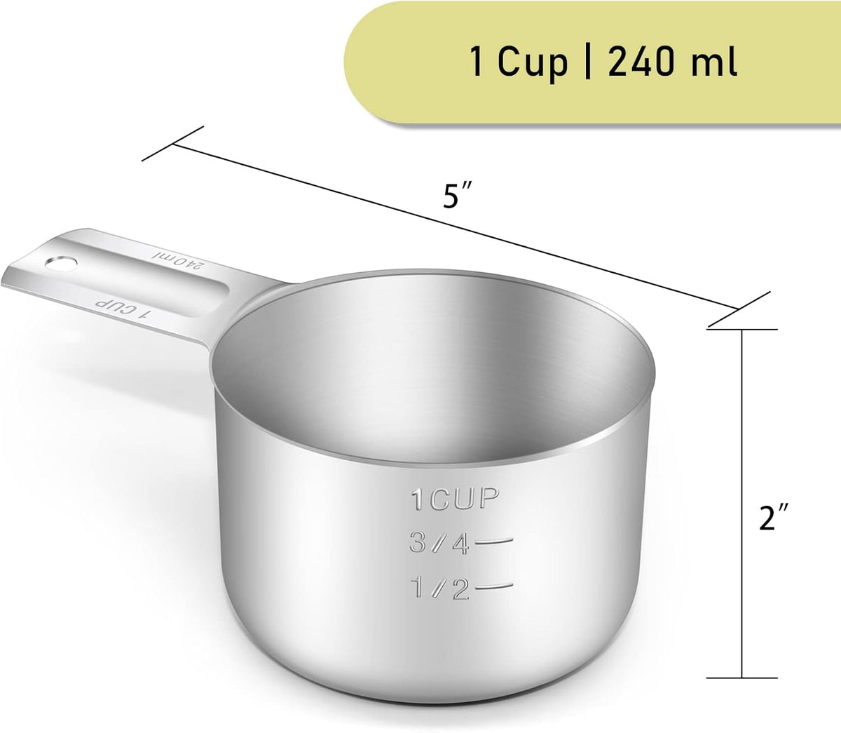 4PCS 1Cup (240ml, 8oz) Single Measuring Cup, Stainless Steel Measure Scoop, Metric and US Measurement, Dishwasher Safe