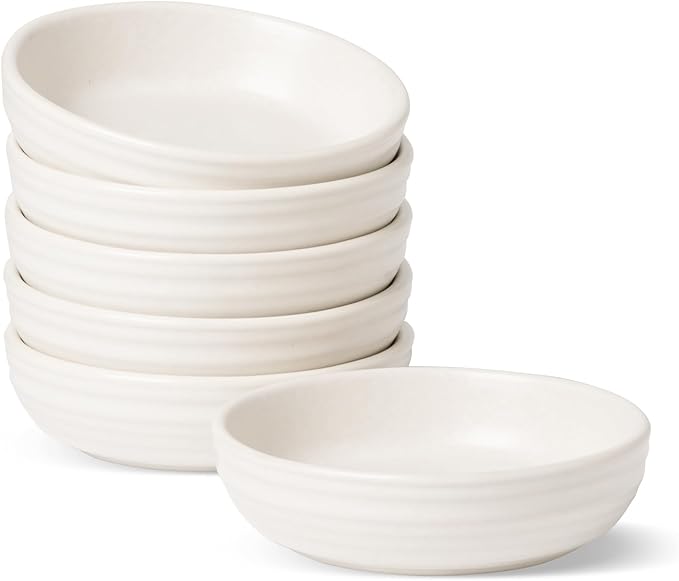 famiware Pluto Soy Sauce Dishes of 6, 3 oz Dipping Sauce Cups/Bowls/Dishes for Kitchen, Ceramic Small Bowls for Side Dish, Appetizers, Snacks, and Sushi, Reactive Glaze, Matte White