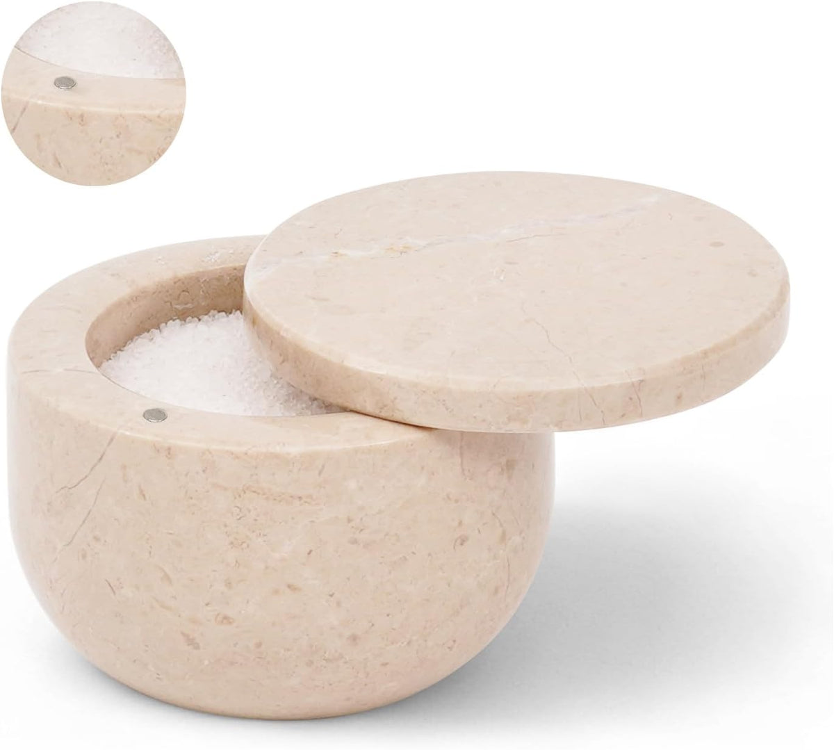 Marble Salt Cellar With Swivel Lid 3 Inch Verona Stone Salt Box for Kitchen Counter with Magnetic Closure, Ideal for Kosher Salt and Gourmet Seasonings