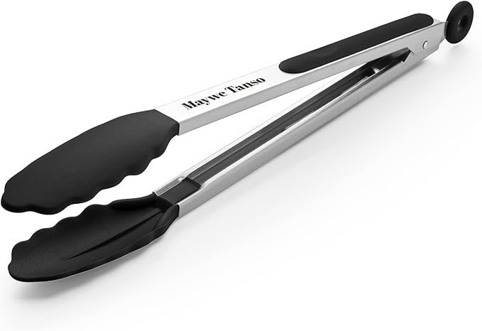 600℉ Heat Resistant Kitchen Tongs for Cooking with Silicone Tips,Maywe Tanso 12-Inch Stainless Steel Locking Cooking Tongs Food Tongs for BBQ,Cooking,Salad and Serving Food,Heavy Duty,Non-Stick,Black