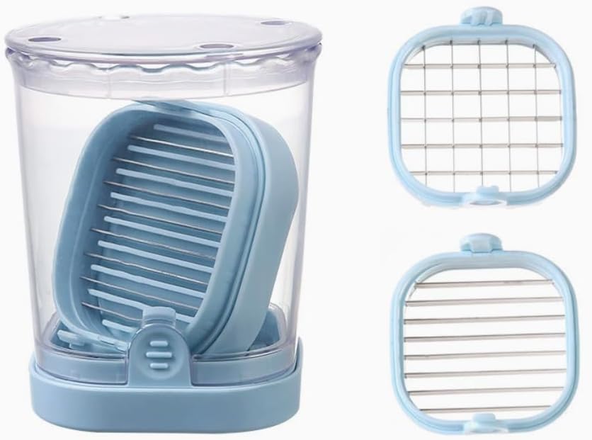 Fruit Slicing Cup - halteoly, 2 in 1 High Speed Cutter for Strawberries, Bananas, Grapes, Eggs etc Stainless Steel Vegetable Dicer, Kitchen Gadget, Kitchen Portable Slicing Tool (Light blue)
