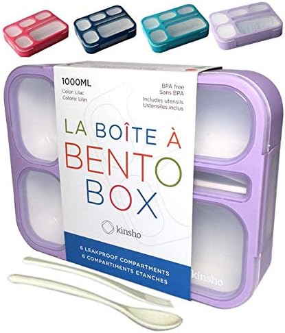 kinsho Bento Box for Kids Women - 6 Compartment, Leak-Proof Lunchbox for School, Portion Control & Meal Prep Containers, Reusable, BPA-Free Snack Container - Includes Utensil Set & E-Book, Purple