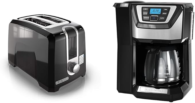 BLACK+DECKER 2-Slice Toaster 850W 6 Settings Bundle with 12-Cup Coffee Maker Built-in Grinder Programmable