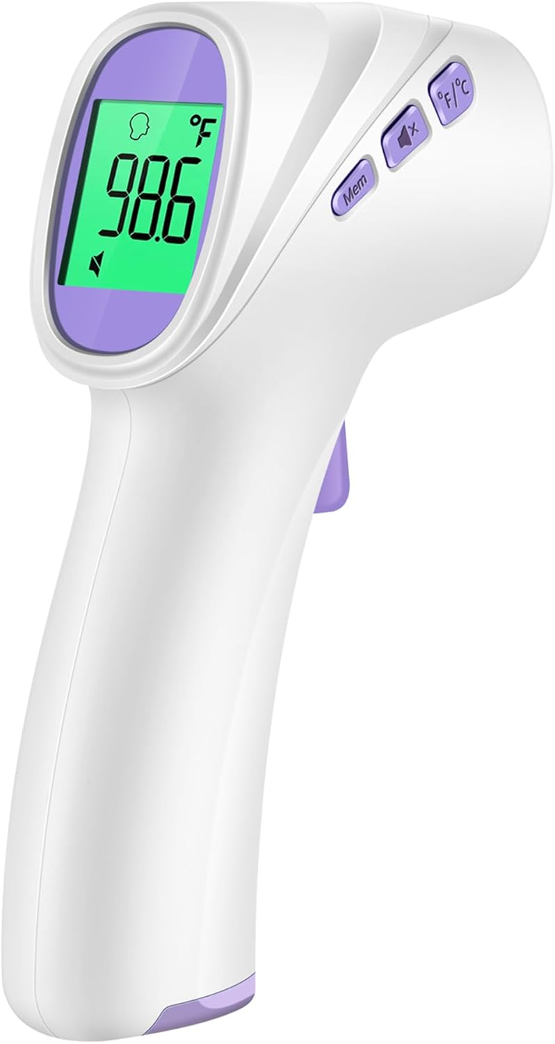 Forehead Thermometer for Adults, Kids & Babies, No-Touch Digital Thermometer with LCD Backlight Display, Fever Alarm and 1s Instant Reading - Purple
