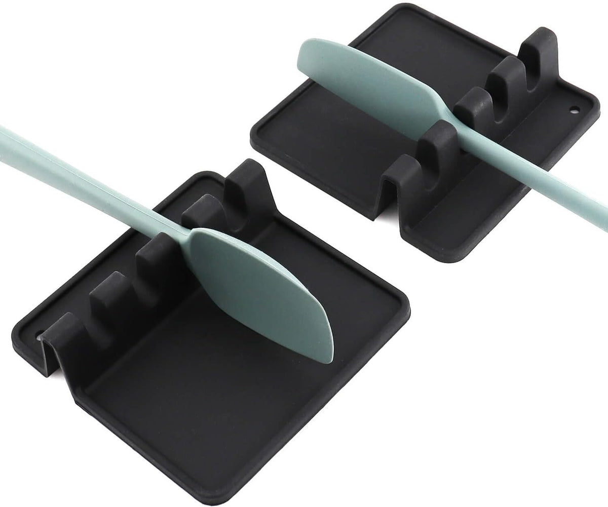 Kitchen Silicone Utensil Rest - BPA-Free Heat-Resistant Spoon Rest for Stove Top - Spoon Rest for Kitchen Counter Grill Utensil Holder-Black 2 Pcs