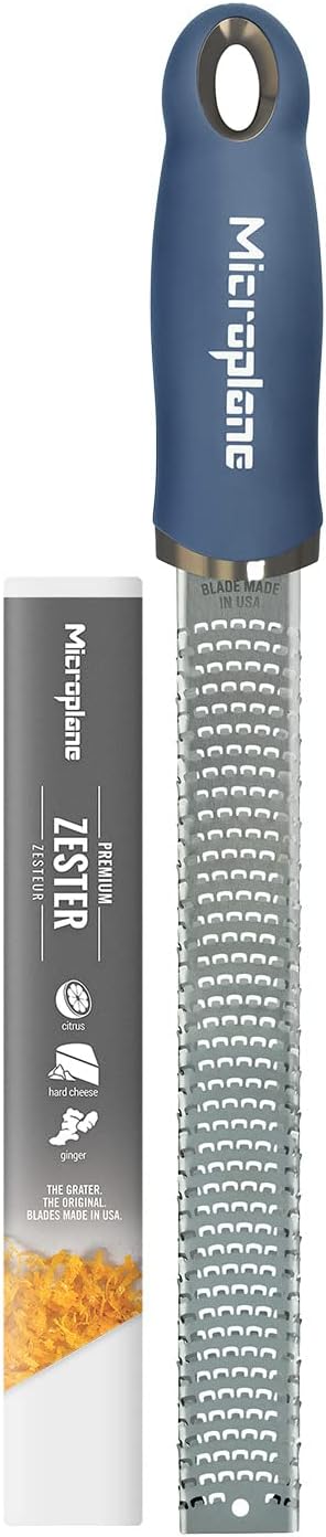 Microplane Premium Zester Grater in Denim Blue | Lemon Zester tool, Hard Cheese & Vegetable Grater | For Citrus, Parmesan Cheese, Garlic, Ginger, Nutmeg | Fine Stainless Steel Blade, Made in USA