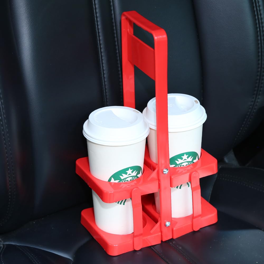 Bodaon 2 Cup Drink Carrier with Handle, Plastic Cup Carriers for Drinks, Drink Holder for Car, GrubHub/Eats Doordash Accessories, Portable Foldable Reusable Mobile, Use for Food Delivery Bag, Red