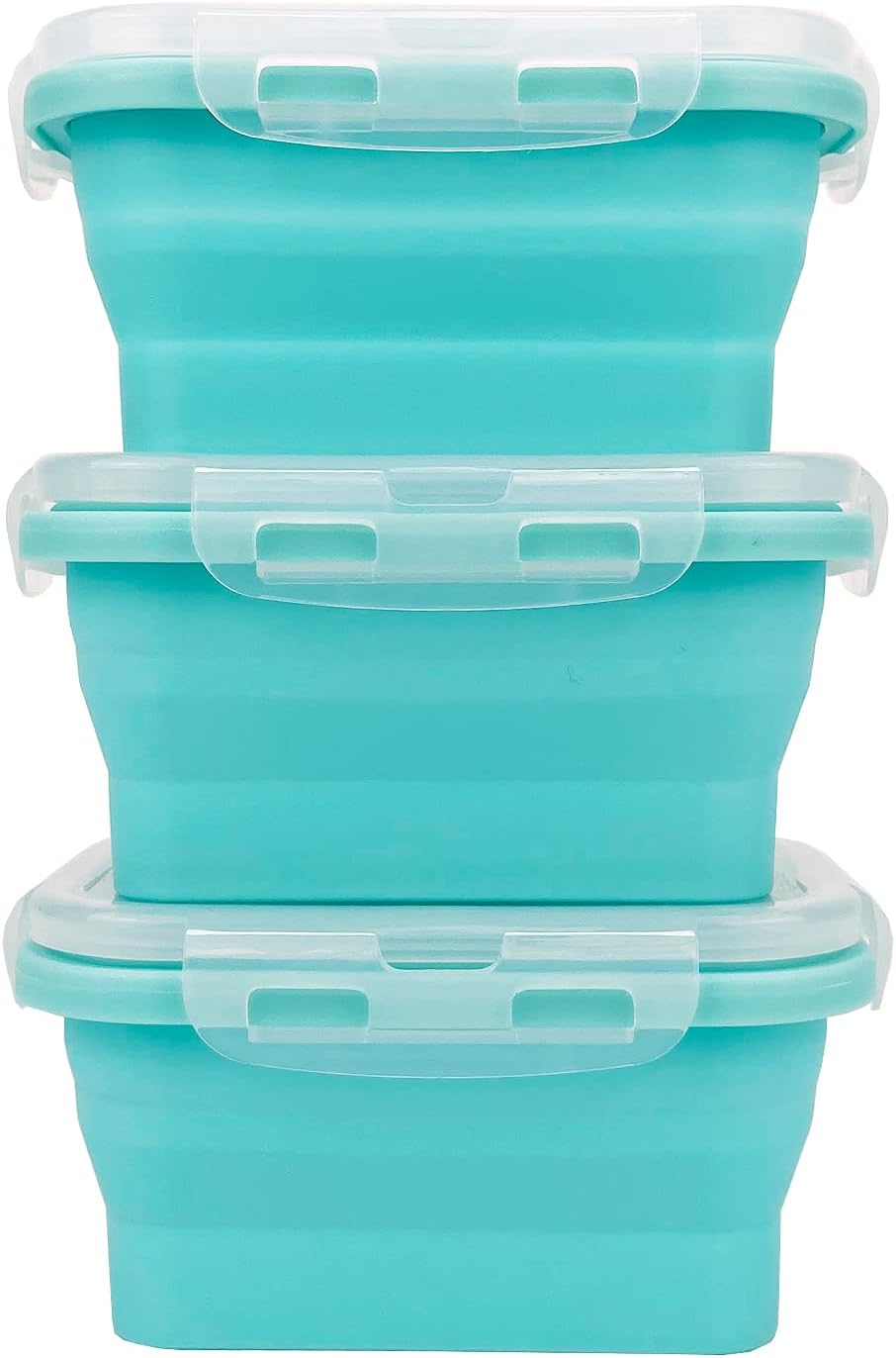 CCyanzi 3piece Collapsible Food Storage Containers with Lids, Silicone Lunch Container, Microwave & Freezer Safe, Space Saving for Kitchen Cabinet and Camping Backpack,(blue)