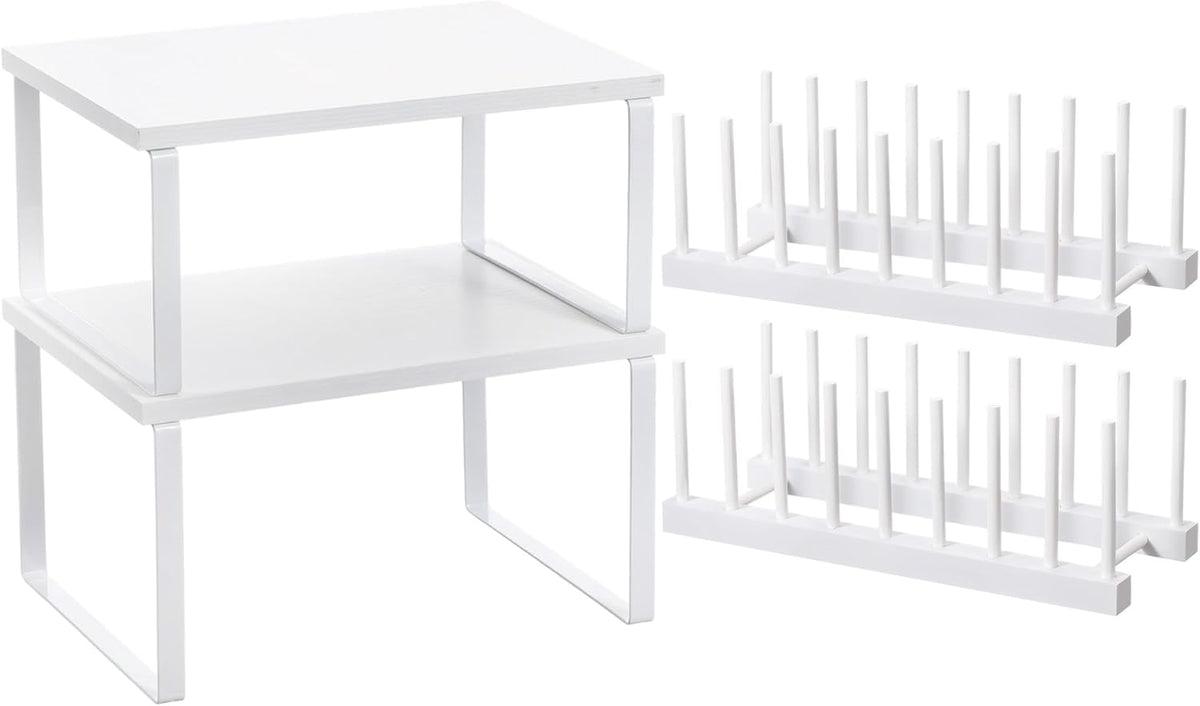 Marsui 4 Pcs Kitchen Organizer Accessories Set Cabinet Organizer Shelf and Bamboo Dish Drying Plate Rack Counter Shelves Storage Holder for Spice Rack, Dish, Pot Lid, Bowl, Cup (White)