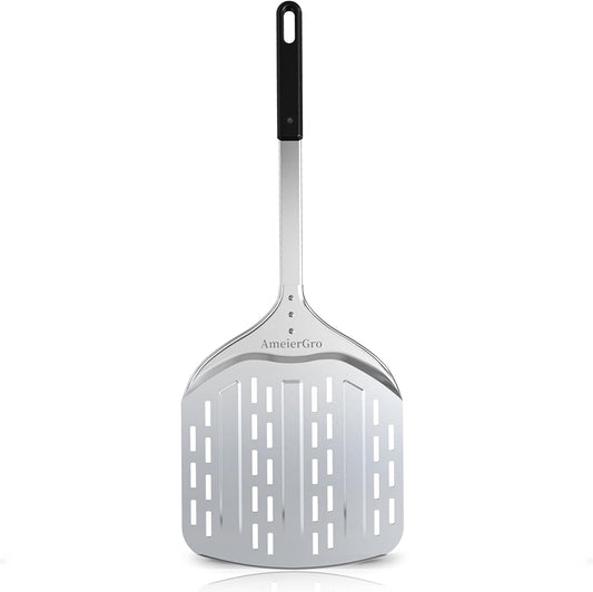 12" Perforated Pizza Peel, Long Handle(31") Anodised Aluminum Pizza Spatula Paddle, Pizza Oven Accessories for Pizza Stone/Grill