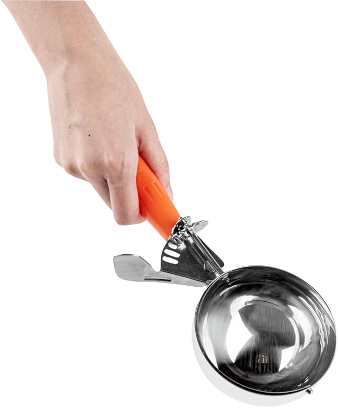 Restaurantware Met Lux 8 Ounce Portion Scoop 1 Durable Disher Scoop - Thumb Trigger Orange Stainless Steel Ice cream Disher For Portion Control For Ice Cream Mashed Potato And Cookie Batter