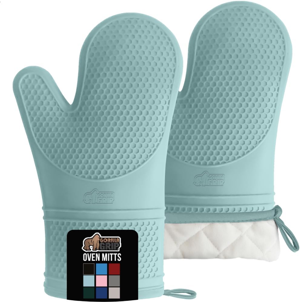 GORILLA GRIP BPA-Free Soft Silicone Oven Mitts, Heat Resistant and Waterproof Cooking Gloves, Thick Cotton Lining, Flexible Gripping for Baking Grilling, Kitchen Potholders Set of 2, 12.5x8.3, Mint
