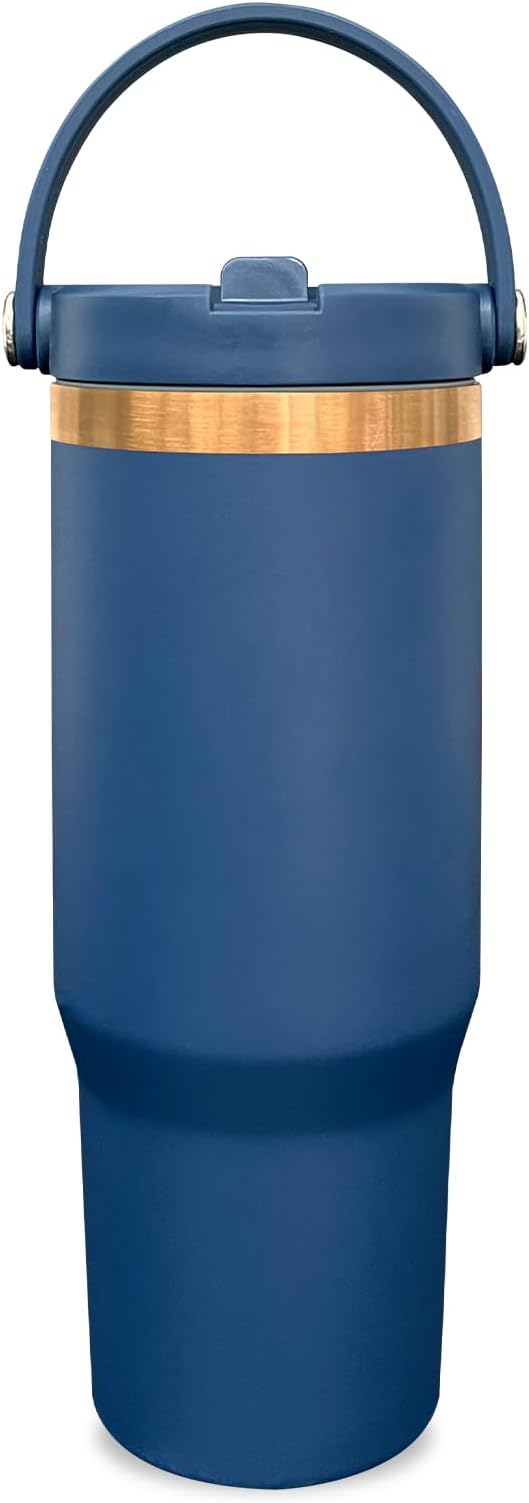30 oz Tumbler with Handle and Straw, Vacuum Insulated Tumblers with Flip Straw and Top Handle, Leakproof Powder Coated Tumbler, Stainless Steel Travel Mug for Coffee Water (Navy, 1 Pack)