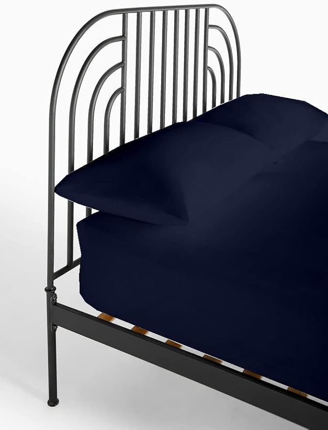 NON Sticky cotton 4 PC Cot Sheet Set - 33x75, 100% Egyptian Cotton, Fitted Sheet - Deep Pocket (8 Inch), Flat Sheet, 2 Pillowcases - Navy Blue Solid