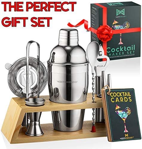 Bartender Kit with Bamboo Stand, Cocktail Shaker Set and Bar Accessories for Home Bar, Drink Mixing, and Mixology Kit