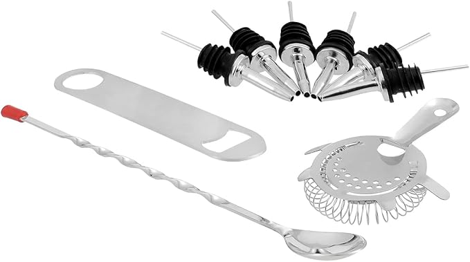 Vinod Stainless Steel Cocktail Set | 17 Piece Bar Accessories Set | 26 Ounce Boston Shaker w/Strainer Rubber Pourers Bar Jigger, Cocktail Spoon & More | Drink Mixer Bar Set | Bartender Kit