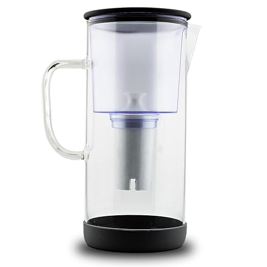 Glass Pitcher with Mineral Rich pH Balancing Filter, Sleek Glass Lid – Brita Compatible Fridge Friendly Design (Black)