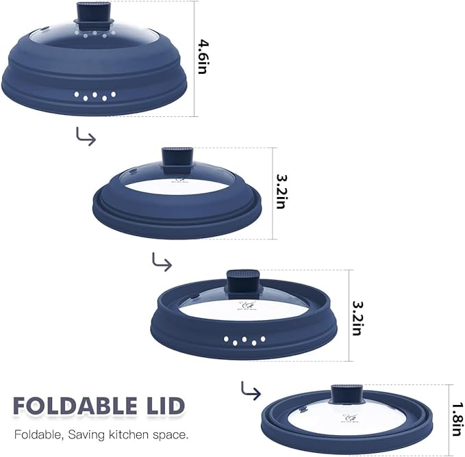 Microwave Splatter Cover Glass Cover Guard Lid with Collapsible Silicone for Food Pot Plate Cover 10.8 inch Dark Blue