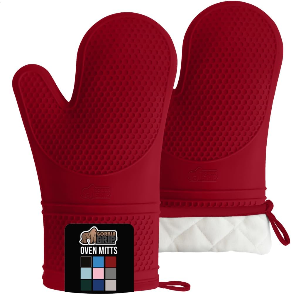 GORILLA GRIP BPA-Free Soft Silicone Oven Mitts, Heat Resistant and Waterproof Cooking Gloves, Thick Cotton Lining, Flexible Gripping for Baking Grilling, Kitchen Potholders Set of 2, 12.5x8.3, Red