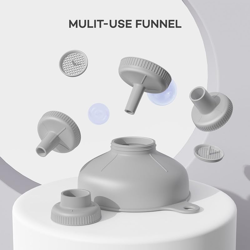 Pisol Wide Mouth Versatile Funnel, Canning Funnels for Kitchen Use, Food Grade Plastic Cooking Funnel Set with 4 Size Spouts and 2 Strainers for Filling Different Bottles and Bags, Grey