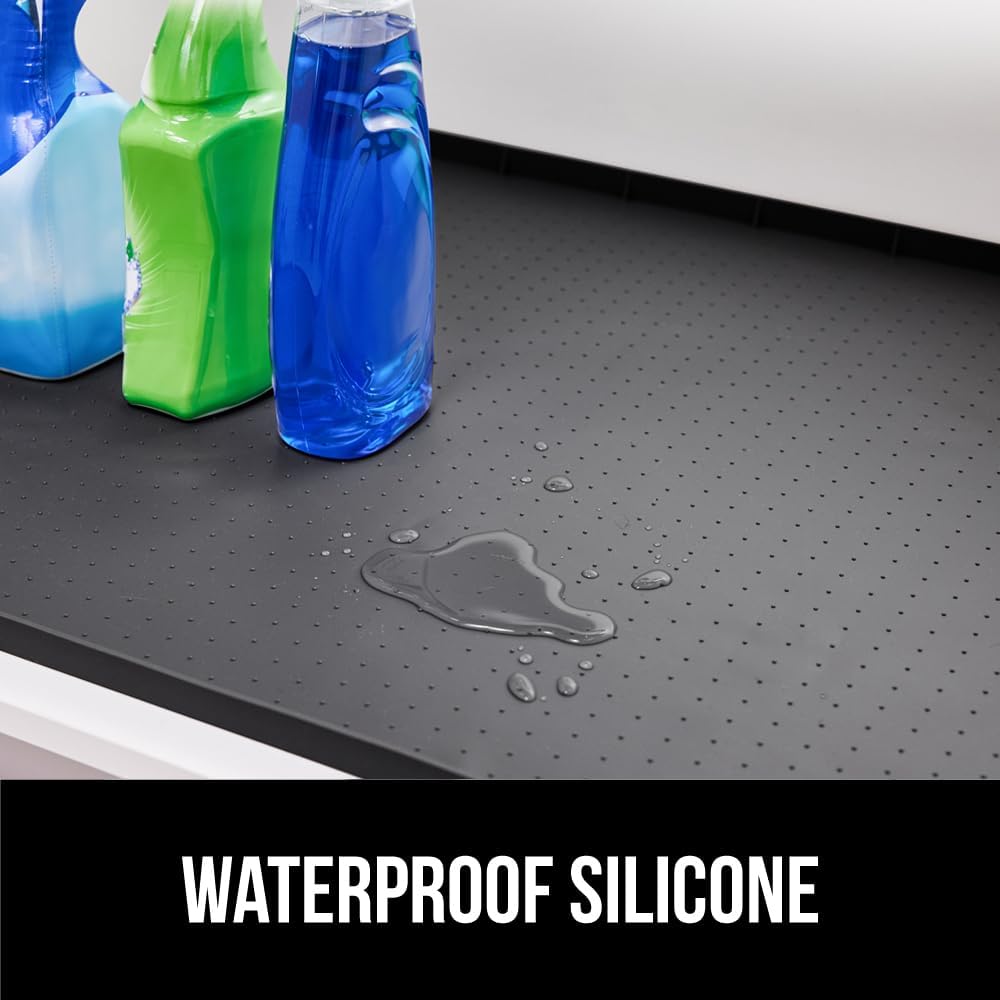 GORILLA GRIP Waterproof Silicone Under Sink Mat with Raised Lip for Kitchen and Bathroom, Cabinet Shelf Liner Stay in Place Mats Dishwasher Safe Drawer Liner, Organizer Tray, 19 x 34 in, Black