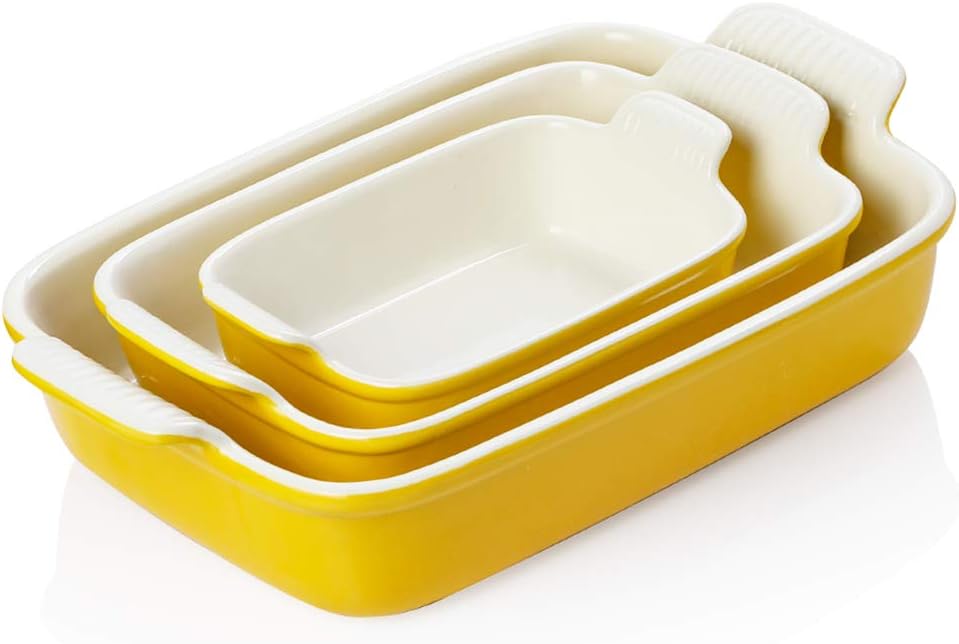 Sweejar Baking Pans Set, Ceramic 9x13 Baking Dish with Handle, Rectangular Casserole Dishes for Oven, Bakeware Sets of 3, Durable Lasagna Pan Deep for Kitchen, Banquet, Wedding Gift(Yellow)
