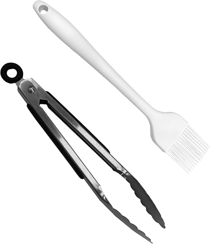 HBN 2-in-1 Stainless Steel Food Tongs & Heat-Resistant Silicone Basting Brush Set for Hot Dog Machine, Grill, Baking - Locking, Foldable, Dishwasher Safe