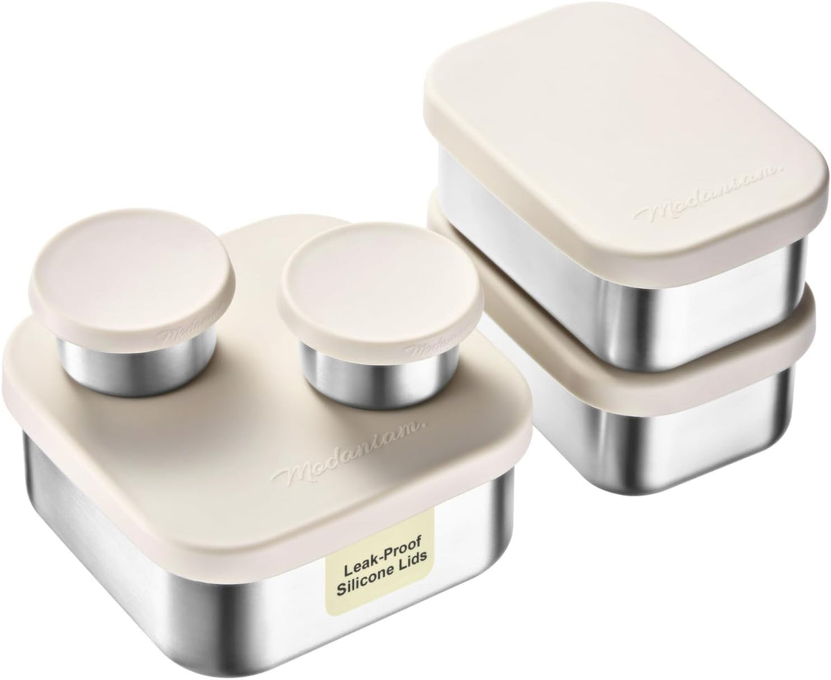 Flexibento - Leak proof Stainless Steel Lunch Box | Lunch Containers with Silicone Lids | Steel Bento Box |Metal lunch Box|1 * 25 OZ+ 2 * 13 OZ + 2 * 2 OZ| Set Of 5 |Vanilla