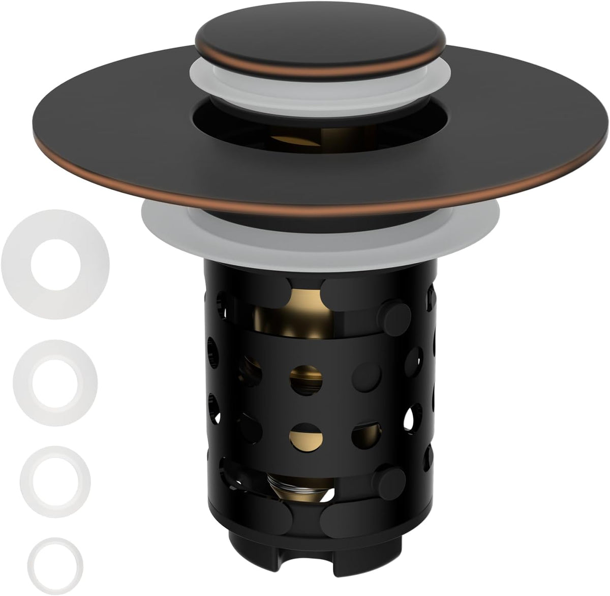 Universal Bathroom Sink Stopper Hair Catcher Upgraded with 2-Layer Detachable Filter Basket, 2PCS 4 in 1 Pop Up Drain Strainer, Anti-Clog, Odor-Block, Fit for 1.1''~2.36'' Sinks, Oil Rubbed Bronze